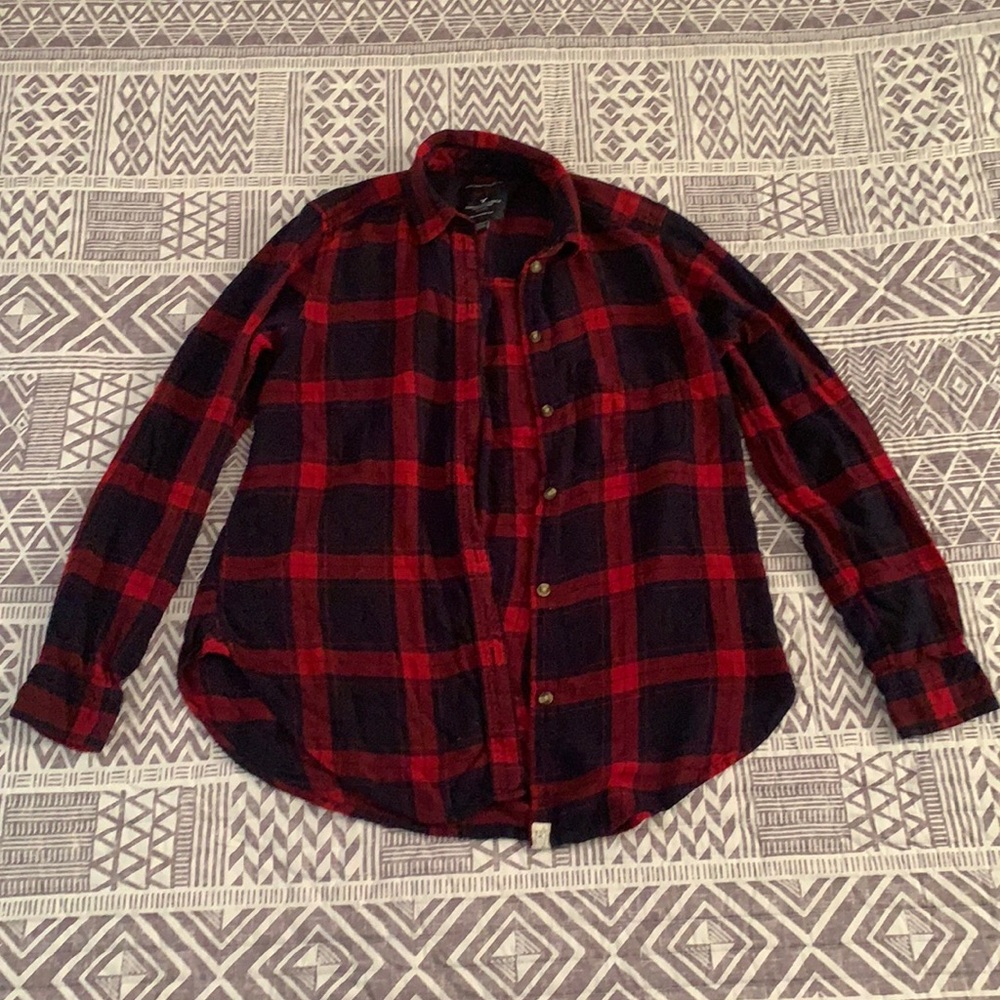American Eagle, Size S, Red and Blue Plaid Boyfriend Fit Flannel